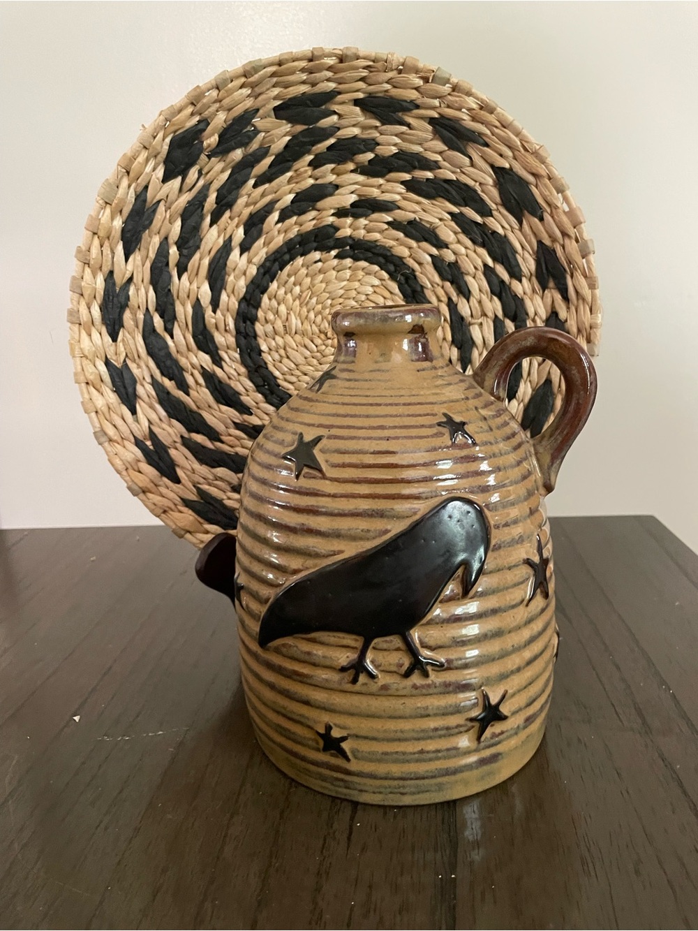 Handcrafted Brown and Black Raven Ceramic Sculpture Jug